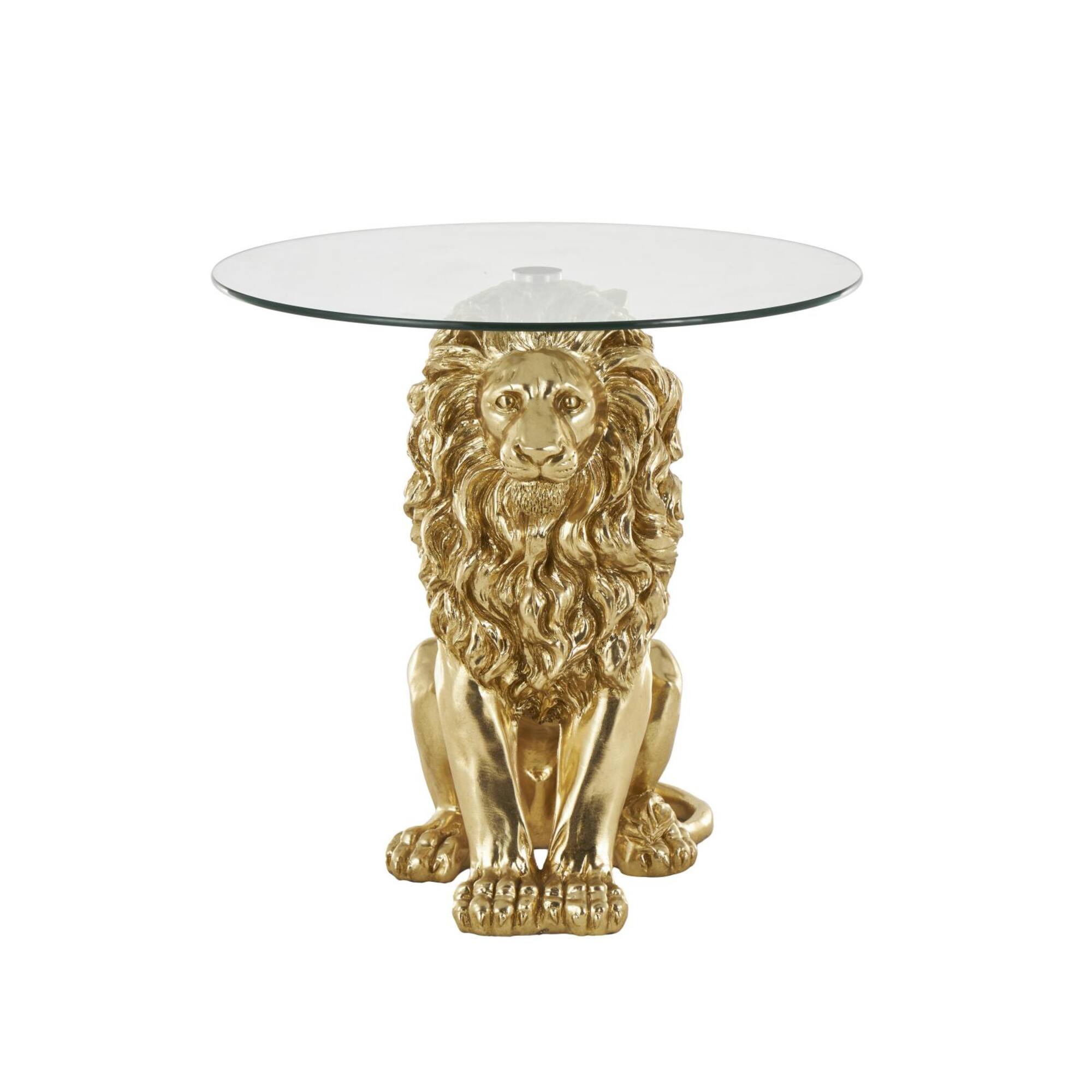 24" x 27" Gold Resin Lion Sitting Accent Table with Glass Tabletop